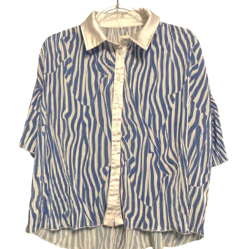 Vintage Y2K Lena Blue White Stripe Semi Sheer Blouse Satin Collar Button‎ Down